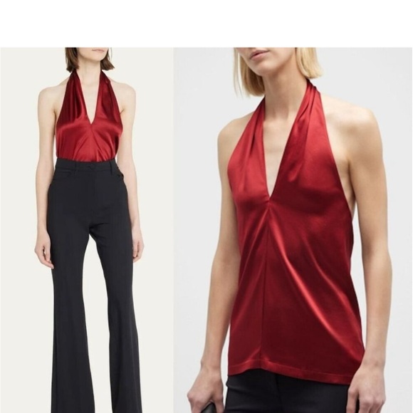 THEORY Ertil Silky Satin Halter Top Color: Red Dahlia size P= 0-2 NWT $225 - Picture 12 of 14